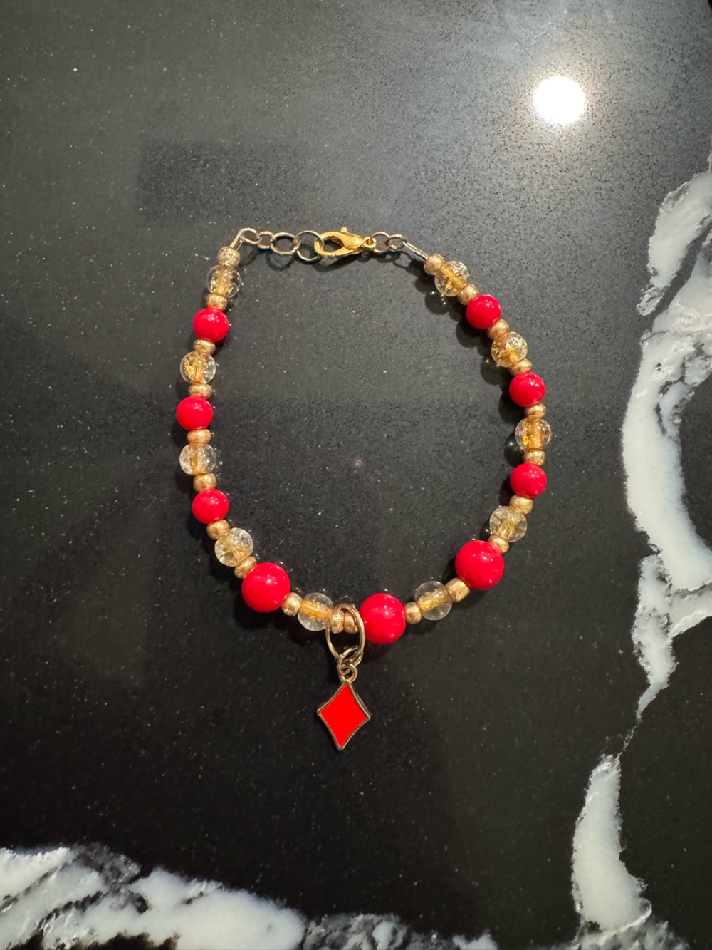 Handmade Red and Gold Beaded Women's Charm Bracelet